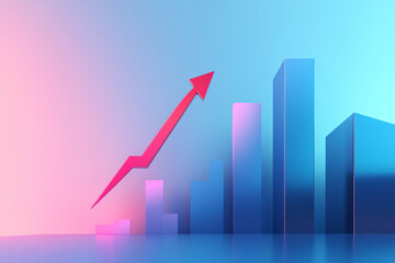 A 3D illustration of a rising pink arrow and vertical blue bars on a gradient background, symbolizing growth, progress, and success in business or finance