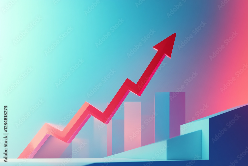 Poster a 3d illustration of an upward trending pink arrow and colorful bar graph against a soft gradient ba