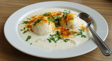 traditional homemade Indian Gujarati or south Indian sweet chaat foods appetizing snack Dahi Vada or Dahi bhalla made with yogurt or curd and topping with spice powder, coriander leaves, serve in dish