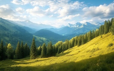 Fototapeta premium Breathtaking panoramic mountain landscape with vibrant green forests, blue skies, and rolling hills under soft sunlight