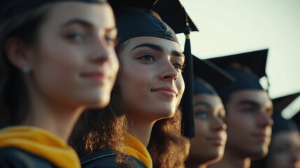 Obraz premium Graduates in Caps and Gowns Looking Up with Hopeful Expressions