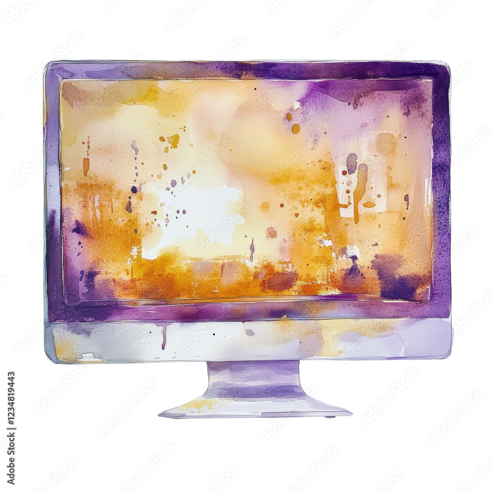Poster a watercolor painting depicts a computer monitor displaying an abstract image with shades of purple 