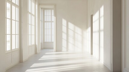 Fototapeta premium Empty White Room with Sunlight Streaming Through Windows