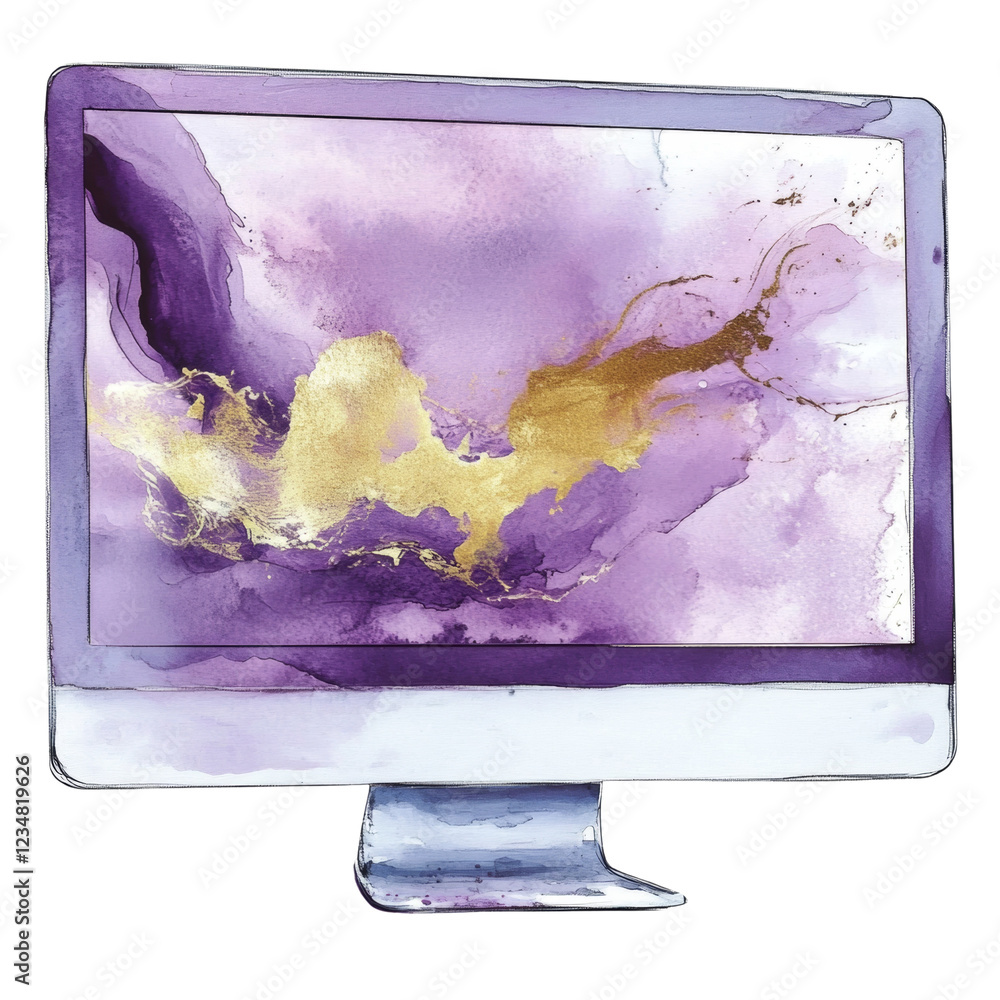 Poster a digital illustration shows a computer screen displaying an abstract watercolor painting in shades 