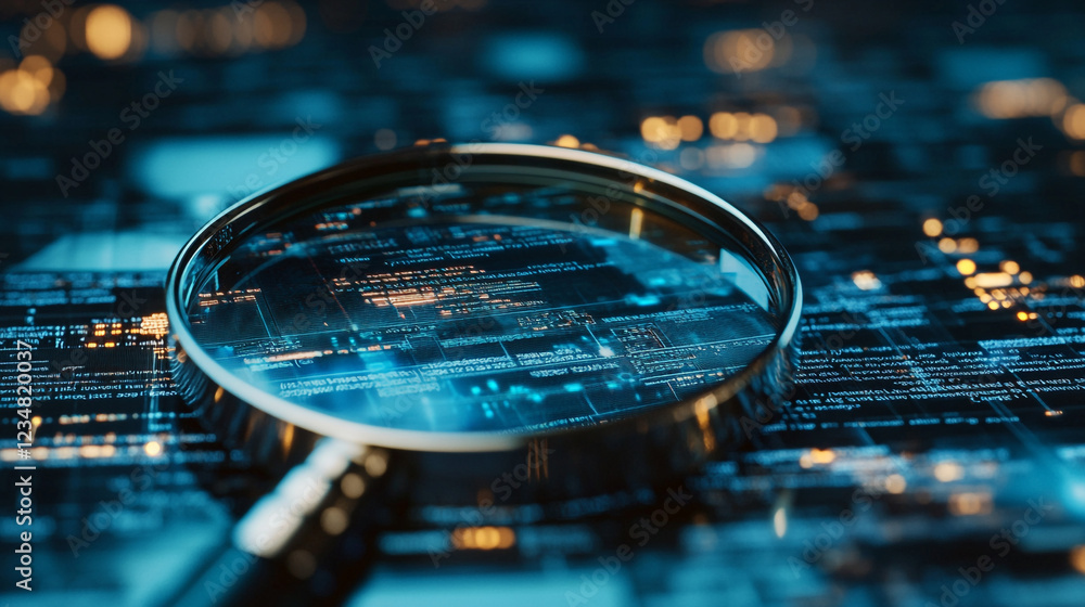 Poster magnifying glass on blue digital code screen technology abstract background web data cyber future
