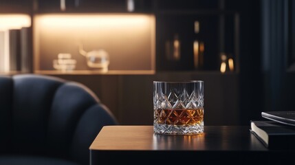 A Glass of Whiskey on a Dark Table with Books and a Blurred Background