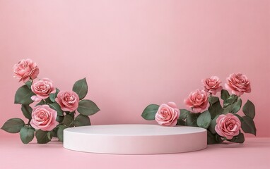 Soft pink floral arrangement with roses and green leaves on a delicate blush background for branding and product display