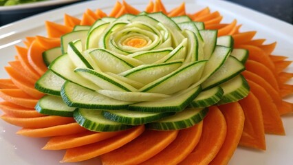 Obraz premium Thinly sliced cucumbers arranged in the shape of a blooming rose rest on a bed of carved carrot petals, creating an edible work of art on a white plate
