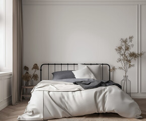 Aesthetic elegant minimalist modern interior design. Clear mock up empty wall for decoration in the apartment. Copy space in the room.