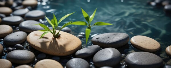Fototapeta premium Single bamboo leaf resting on top of stacked pebbles in a shallow pool of water, bamboo, reflection, pond