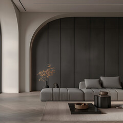 Aesthetic elegant minimalist modern interior design. Clear mock up empty wall for decoration in the apartment. Copy space in the room.