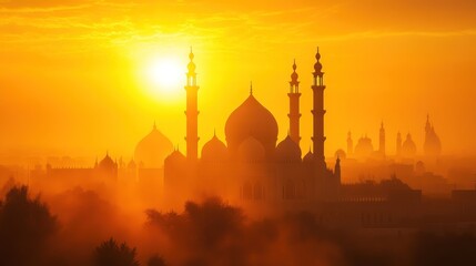 Silhouetted Mosque Domes and Minarets at Sunrise with Fog