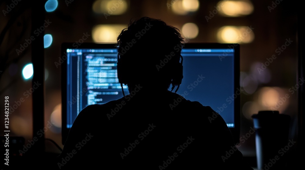 Poster silhouette of a person in front of a computer screen with code