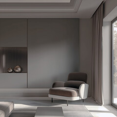 Aesthetic elegant minimalist modern interior design. Clear mock up empty wall for decoration in the apartment. Copy space in the room.
