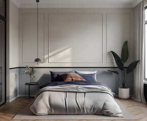 Aesthetic elegant minimalist modern interior design. Clear mock up empty wall for decoration in the apartment. Copy space in the room.