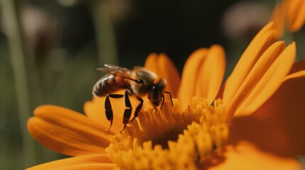 Honeybee Gathering Pollen on an Orange Flower