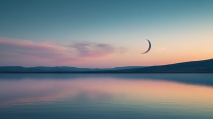 Crescent Moon Over Still Lake at Sunset