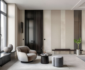 Aesthetic elegant minimalist modern interior design. Clear mock up empty wall for decoration in the apartment. Copy space in the room.