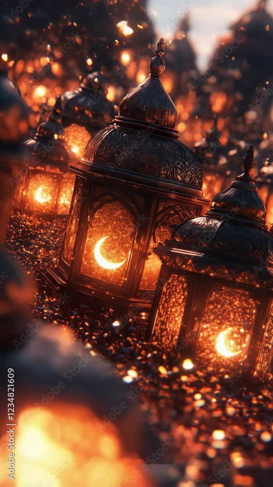 Poster intricately designed lanterns illuminating night with warm glow and sparkling dust particles for enc