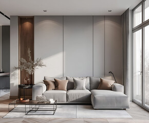 Aesthetic elegant minimalist modern interior design. Clear mock up empty wall for decoration in the apartment. Copy space in the room.