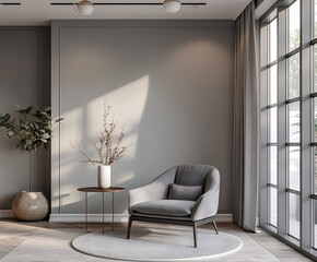 Aesthetic elegant minimalist modern interior design. Clear mock up empty wall for decoration in the apartment. Copy space in the room.