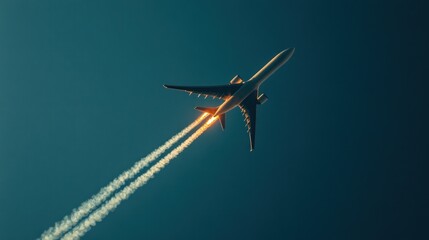 Airplane Ascending with Contrails and Flames from Engines