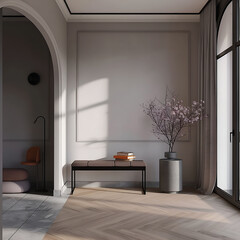 Aesthetic elegant minimalist modern interior design. Clear mock up empty wall for decoration in the apartment. Copy space in the room.