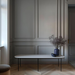 Aesthetic elegant minimalist modern interior design. Clear mock up empty wall for decoration in the apartment. Copy space in the room.