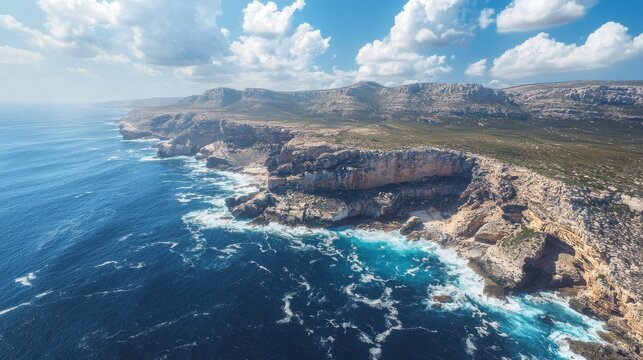 Aerial view of coastal cliffs revealing turquoise waters and sunlit rocky shoreline under a bright sky with scattered clouds