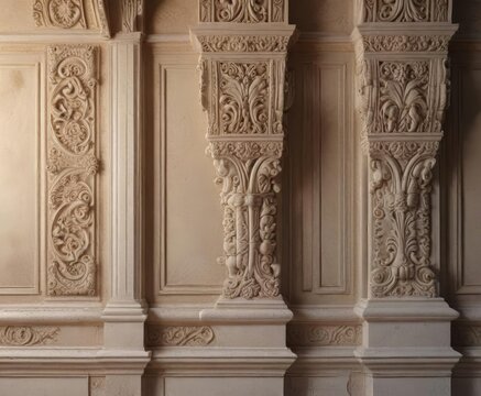 Roman plasterwork wall with intricate moldings, architrave, classical architecture
