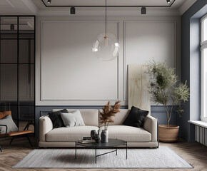Aesthetic elegant minimalist modern interior design. Clear mock up empty wall for decoration in the apartment. Copy space in the room.