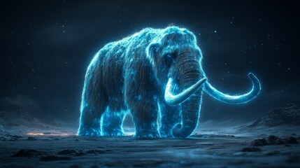 A glowing mammoth stands proudly in a dark, starry environment