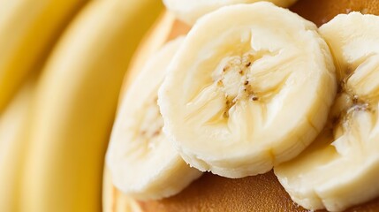 Sliced bananas on pancakes, breakfast close up, background