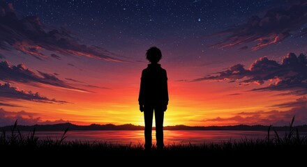 Obraz premium Silhouette of a person against a vibrant sunset over a calm lake