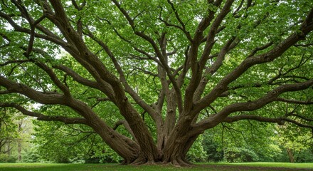 Majestic tree with sprawling branches in a lush green park setting