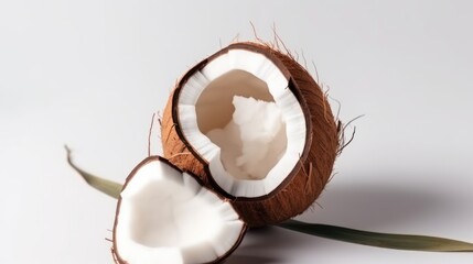 Cracked Coconut with White Flesh and a Green Leaf
