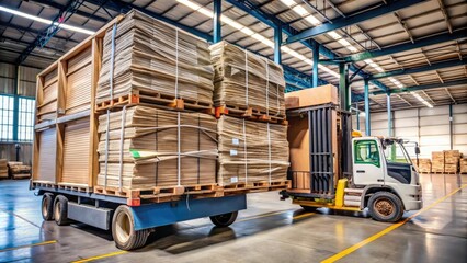 Recycled paper products being unloaded from a truck and stacked onto a shelf in a warehouse, paper products, recycled materials, responsible sourcing