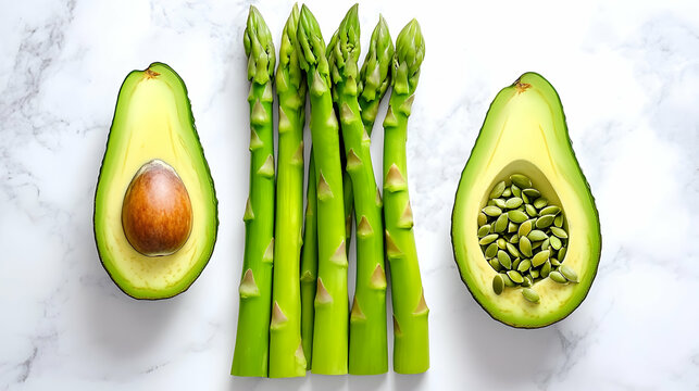Vibrant green asparagus stands tall beside sliced avocados, highlighting a fresh culinary delight