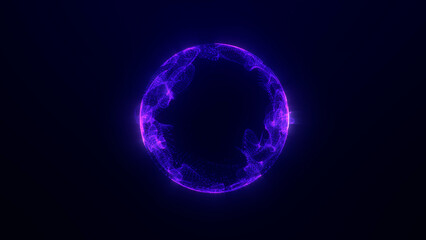 Abstract digitatal neon purple animated glow energy sphere.  Particle , technology, science, engineering and artificial intelligence slow motion background. Seamless loop