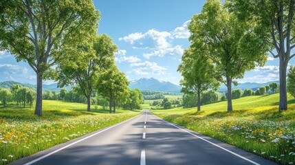 Fototapeta premium Scenic Spring Road Trip through Blooming Meadows