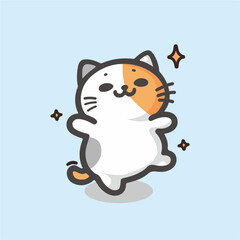 Super Cute Chabi calico Cat Happy dance expression. kawaii style vector illustration. White Baby Cat cartoon character. Kids tee print design. Pet Animal Icon in flat cartoon style