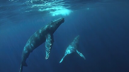 Naklejka premium Two Humpback whales swim in the deep blue sea, a peaceful underwater scene