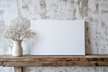 Blank white canvas leaning against a rustic wooden shelf, background features a light gray brick wall, minimalist design.