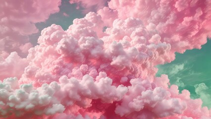 Fototapeta premium Pastel pink and green swirling clouds on a bright pink background , abstract, green, serene