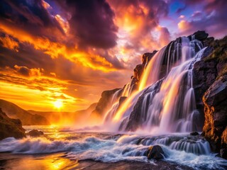 Fototapeta premium Silhouetted waterfall spray, dramatic light paints a stunning landscape, capturing raw natural beauty.