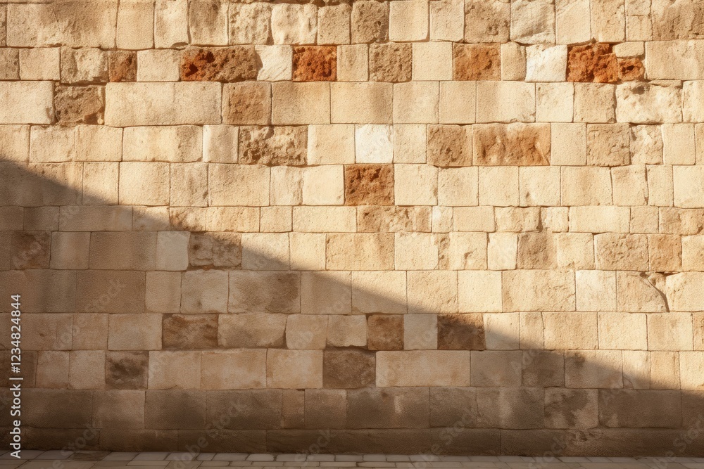 Aufkleber sunlight casting a strong diagonal shadow on an old stone brick wall, creating an interesting textur