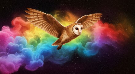 Fototapeta premium Colorful owl soaring through a cosmic rainbow cloud backdrop