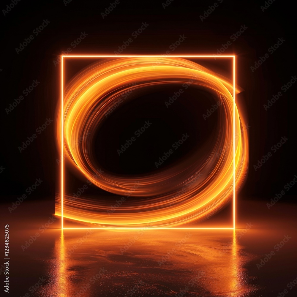 Poster glowing orange neon rectangles creating an infinite tunnel illusion with bright light