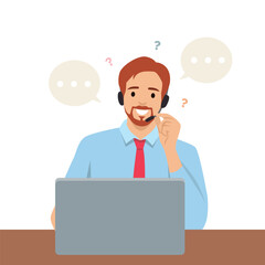 Friendly customer service wearing headset doing online conversation while working on a laptop. Flat vector illustration isolated on white background
