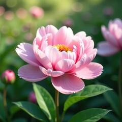 Obraz premium Soft pink peony background with subtle greenery, greenery, garden, abstract